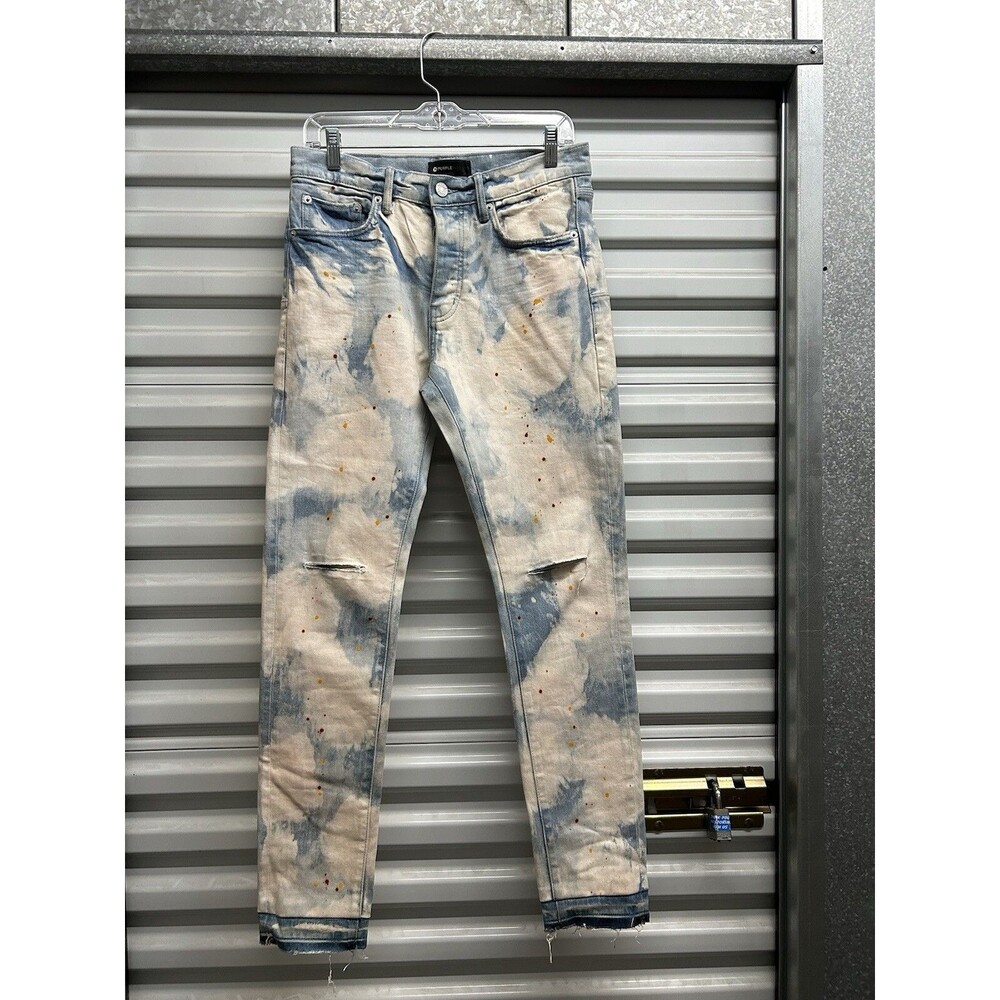 Purple Brand Mens Jeans 31 x 30.5 White Blue Paint Splatter Button Fly Coated